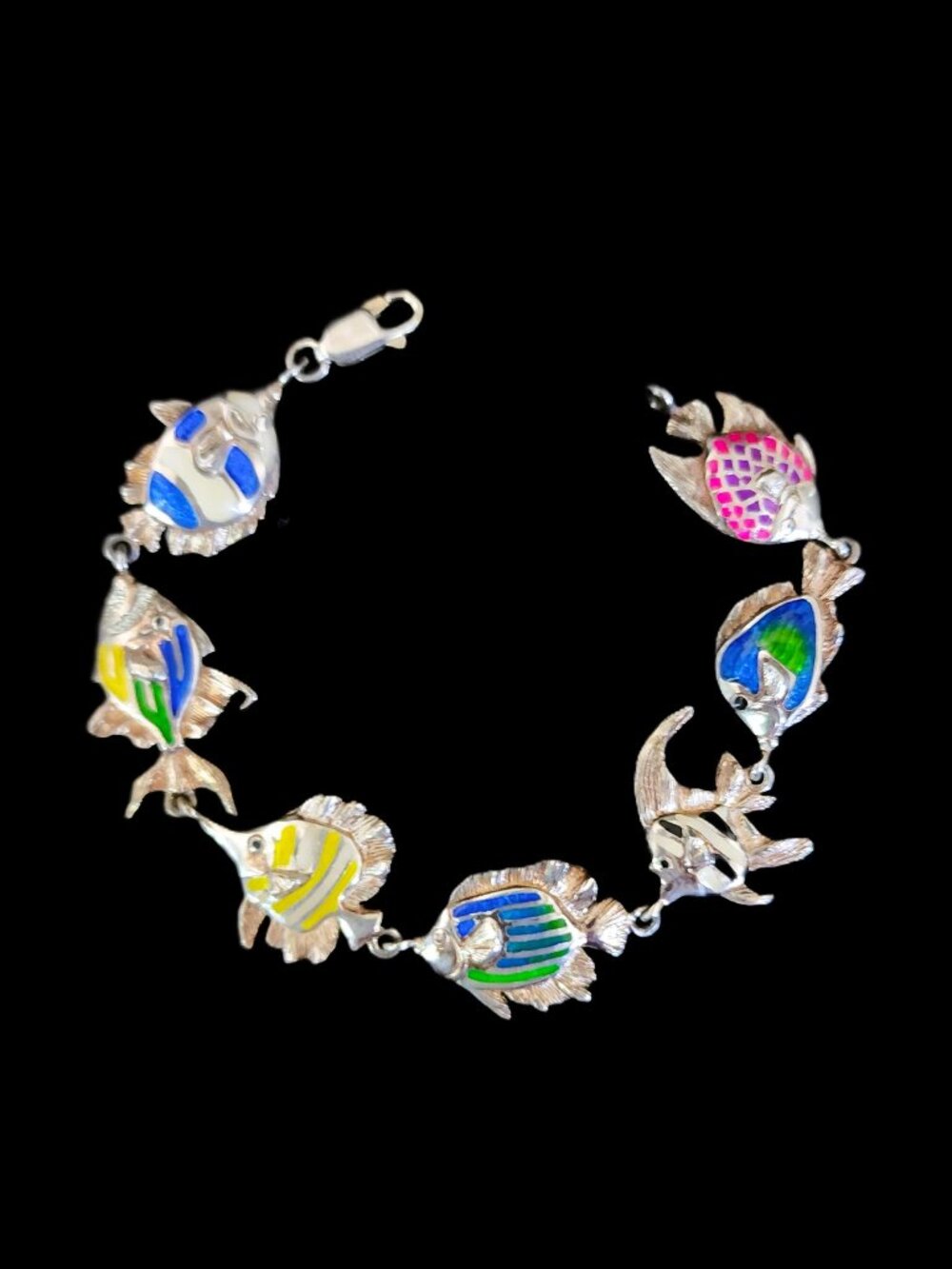 Vintage 2000 Kabana Sterling Silver Colorful Enamel Tropical Fish Bracelet 7.5"